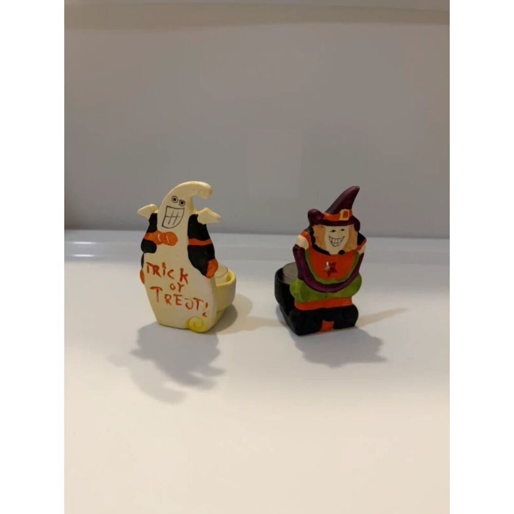 Halloween Ceramic Tea Light Holders Set Ghost & Witch Spooky Decor Vintage